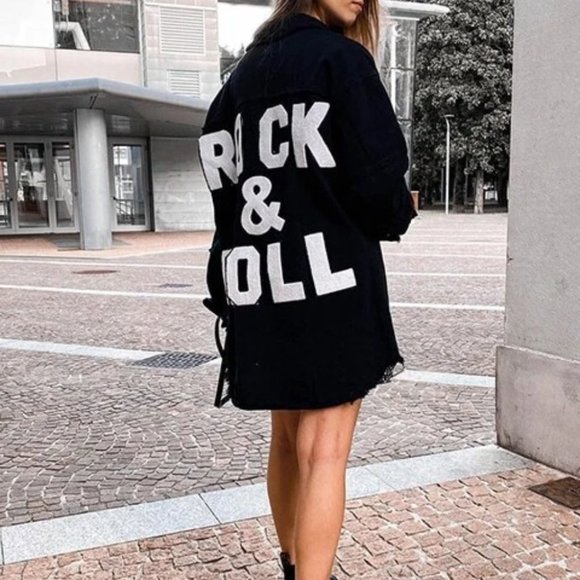 BLACK DENIM JACKET ROCK & ROLL - Picture 3 of 16